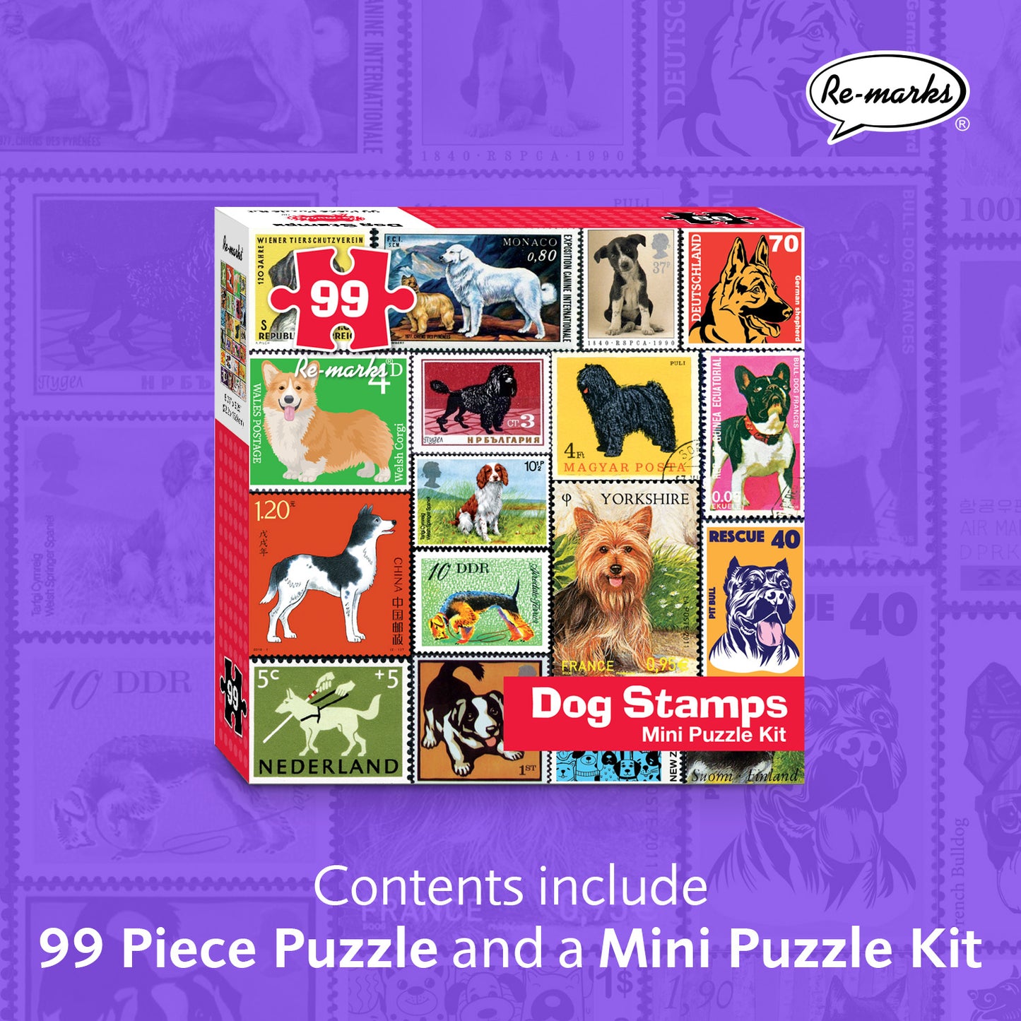 Dog Stamps Mini Puzzle Kit - 99-Piece Puzzle with Display Kit