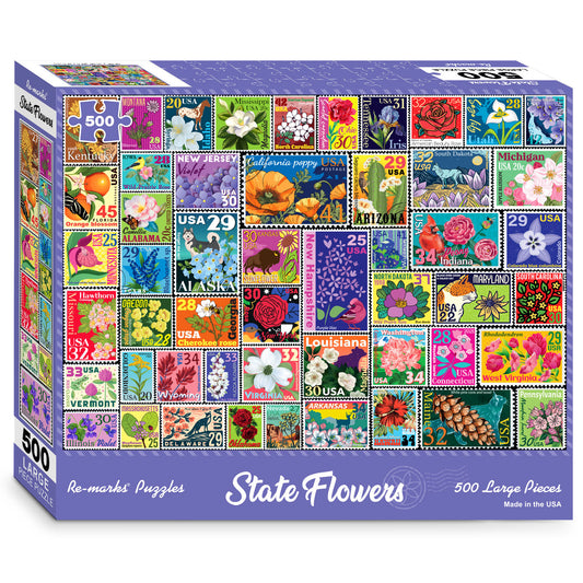 State Flowers Stamp Collage 500 Large Piece Jigsaw Puzzle